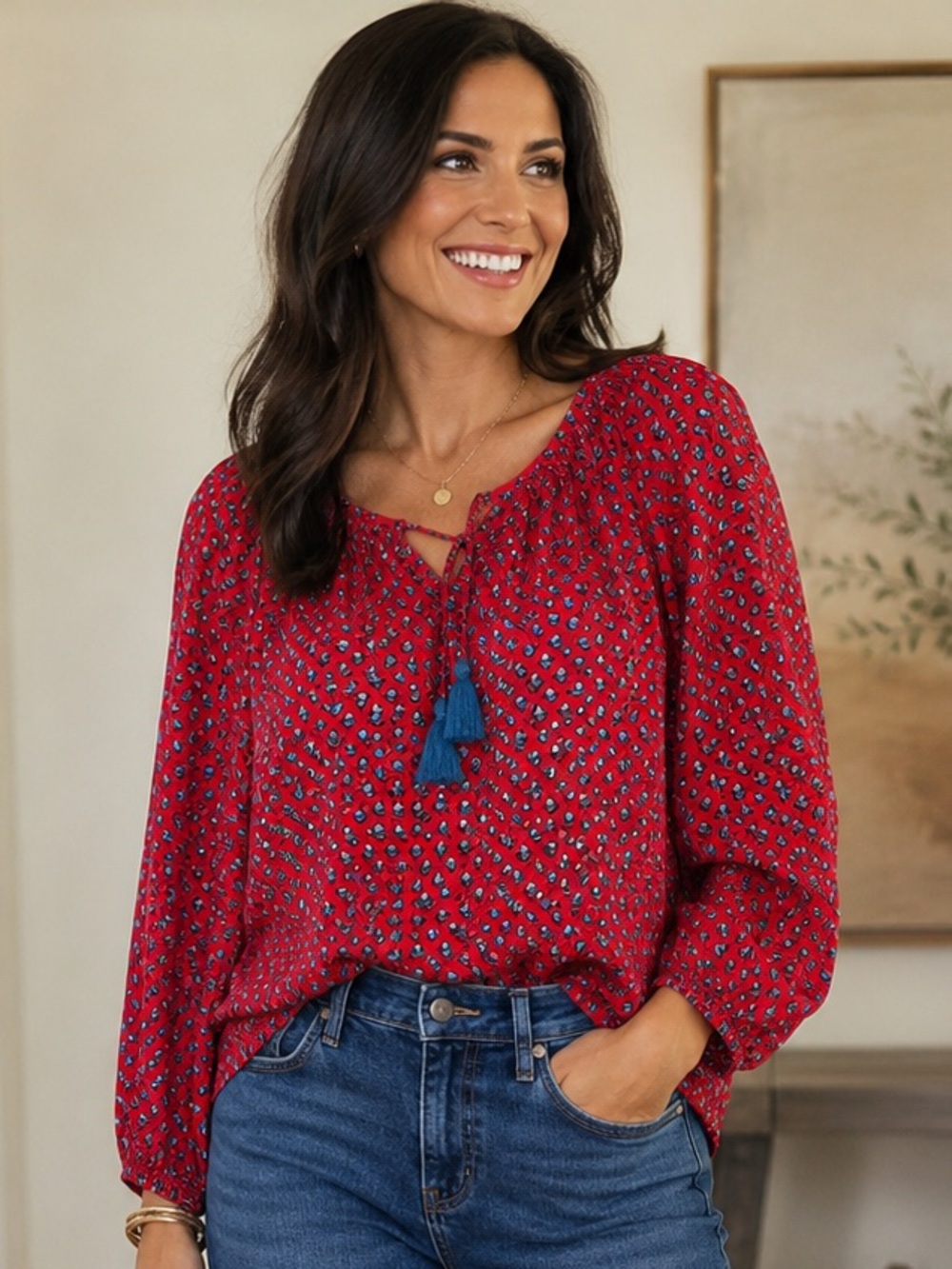 J. Crew Red Blouse with Blue & White Floral Print